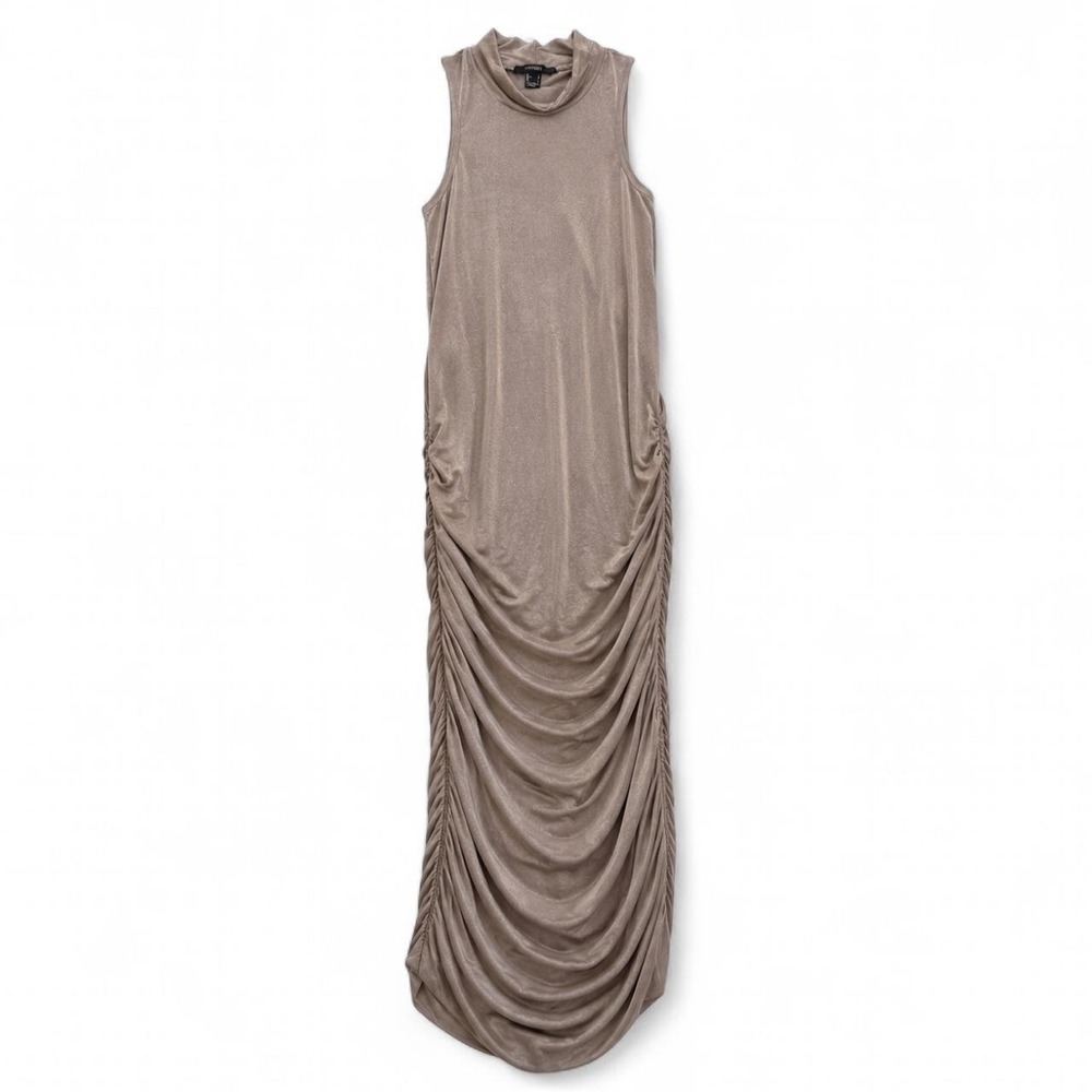 Forever 21 Ruched Draped Maxi Dress Taupe Brown High Neck Sleeveless Large